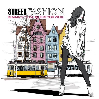 moda güzel kız ve eski tramvay vektör çizimi.