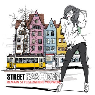 moda güzel kız ve eski tramvay vektör çizimi.