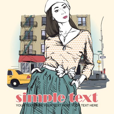 güzel bahar kız sokak arka plan üzerinde. vektör çizim