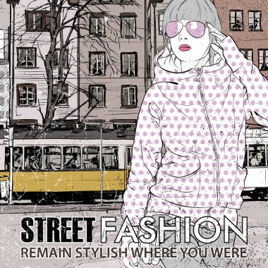 moda güzel kız ve eski tramvay vektör çizimi.