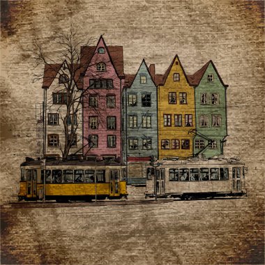 Binalar ve eski tramvay ile vektör illüstrasyon.