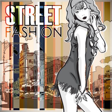 Bir sokak arka planda sevimli genç moda kız. Vektör illustrati