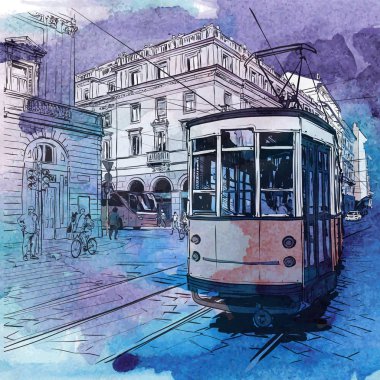 Eski tramvay i illüstrasyon ile el çizilmiş suluboya arka plan