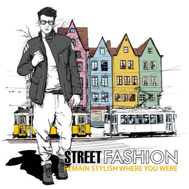 Şık adam ve eski tramvay Vektör illüstrasyon.