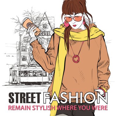 moda güzel kız ve eski tramvay vektör çizimi.