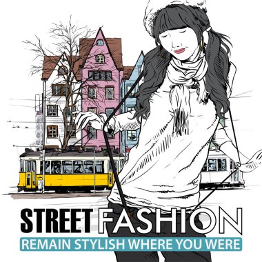 moda güzel kız ve eski tramvay vektör çizimi.