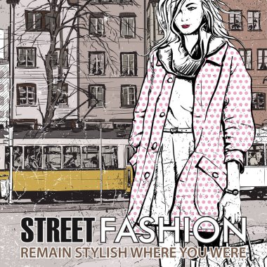 moda güzel kız ve eski tramvay vektör çizimi.