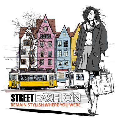 moda güzel kız ve eski tramvay vektör çizimi.