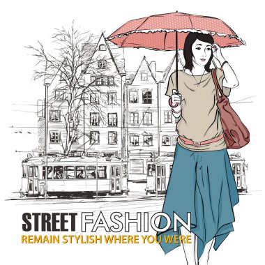 moda güzel kız ve eski tramvay vektör çizimi. Vintage tarzı.     