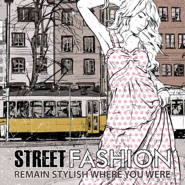 moda güzel kız ve eski tramvay vektör çizimi.