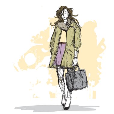 Çizim tarzında güzel bir moda kız el çizim. Vektör il