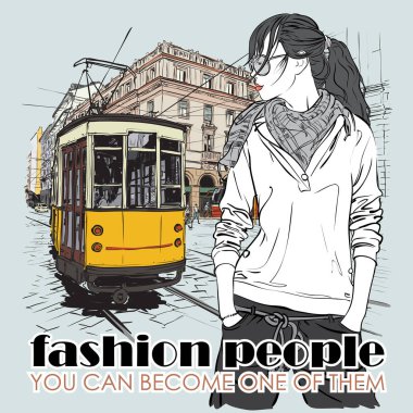 moda güzel kız ve eski tramvay eps10 vektör çizimi.