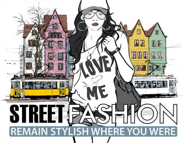 moda güzel kız ve eski tramvay vektör çizimi.