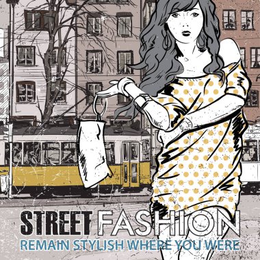 moda güzel kız ve eski tramvay vektör çizimi.