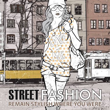 moda güzel kız ve eski tramvay vektör çizimi.