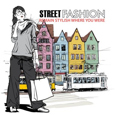 moda güzel kız ve eski tramvay vektör çizimi.