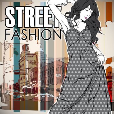 Bir sokak arka planda sevimli genç moda kız. Vektör illustrati