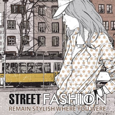 moda güzel kız ve eski tramvay vektör çizimi.