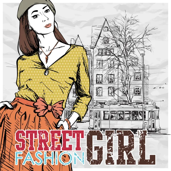 Vector illustration of a pretty fashion girl and old tram. — Stock Vector