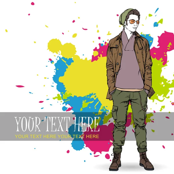 Stylish young guy on a grunge background. Vector illustration. — Stock Vector