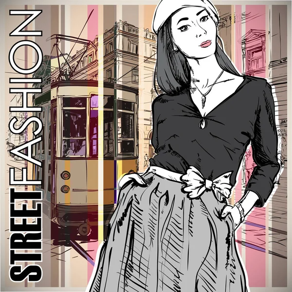 Illustration vectorielle d'une jolie fille de la mode et du vieux tram . — Image vectorielle