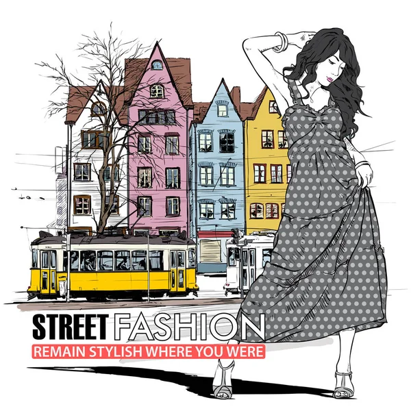 Vector illustration of a pretty fashion girl and old tram. — Stock Vector