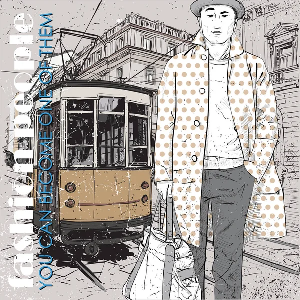 EPS10 vector illustration of a young stylish guy and old tram. V — Stock Vector