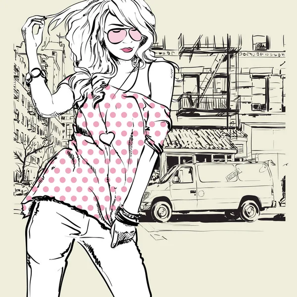 Linda chica de la moda joven en un fondo de la calle.Vector illustrati — Archivo Imágenes Vectoriales