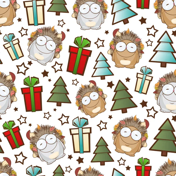 Christmas seamless pattern with cartoon hedgehog. Vector illustr — Stock Vector