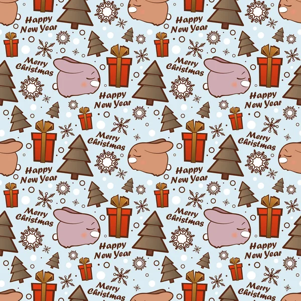 Christmas seamless pattern with cartoon rabbit. Vector illustrat — Stock Vector