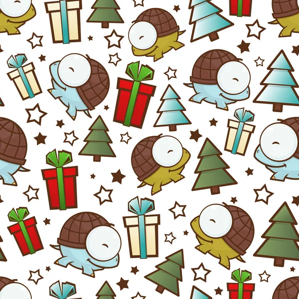 Karácsonyi zökkenőmentes minta a rajzfilm teknősök. Vektor Illustra — Stock Vector