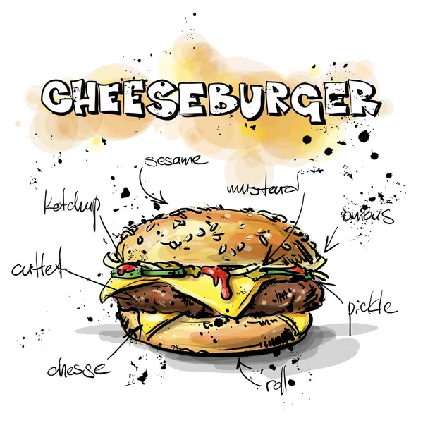 Cool tasty hamburger. Sketch + watercolor style. Vector illustra — Stock Vector