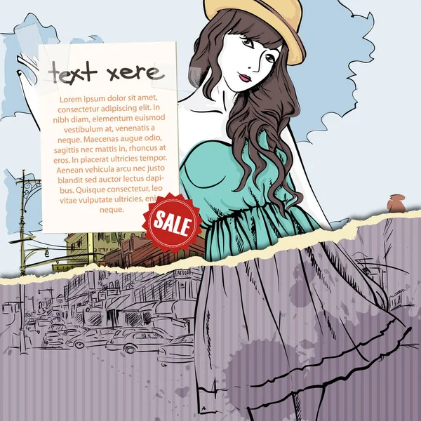 Linda chica de la moda joven en un fondo de la calle.Vector illustrati — Vector de stock