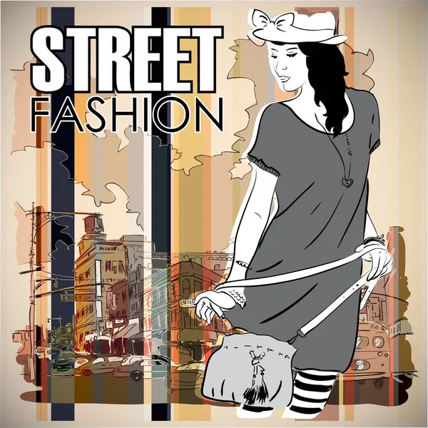 通りの背景にかわいい若いファッションの女の子。ベクターイラスト — ストックベクタ