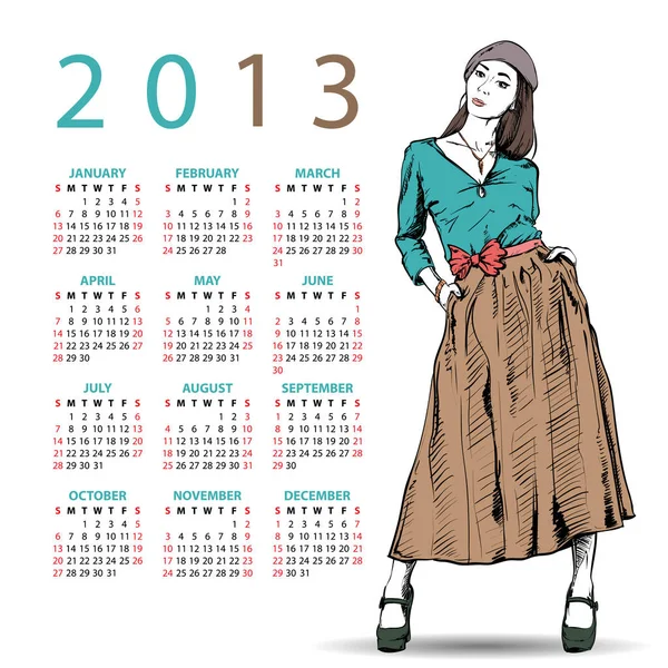 2013. Calendar with fashion girl. — Stock Vector