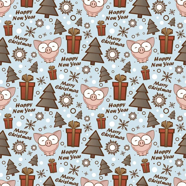 Christmas seamless pattern with cartoon piggy. Vector illustrati — Stock Vector