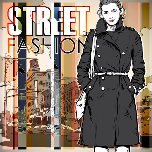 güzel kış kız sokak arka plan üzerinde. vektör çizim