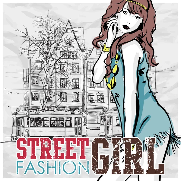 Vector illustration of a pretty fashion girl and old tram. — Stock Vector