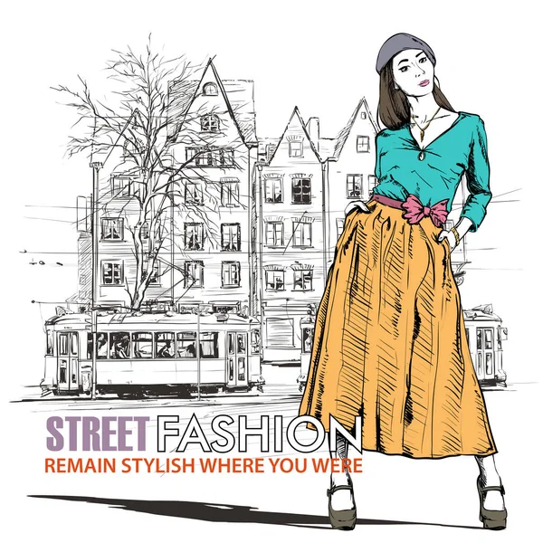 Vector illustration of a pretty fashion girl and old tram. — Stock Vector