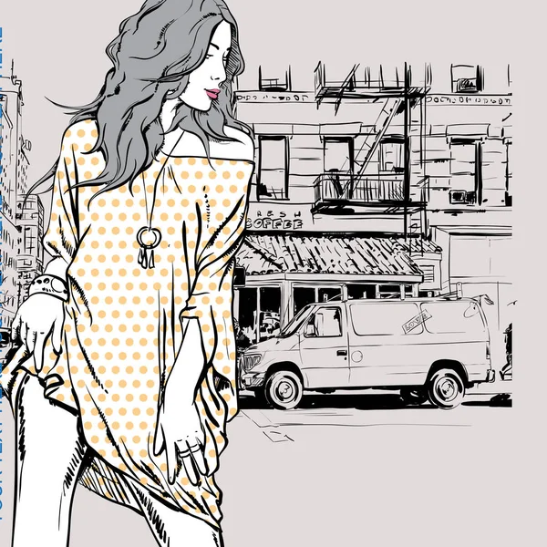 Niedliche junge Mode-Mädchen auf einer Straße background.vector illustrati — Stockvektor