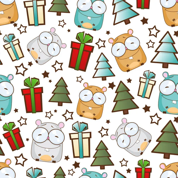 Christmas seamless pattern with cartoon hamster. Vector illustra — Stock Vector