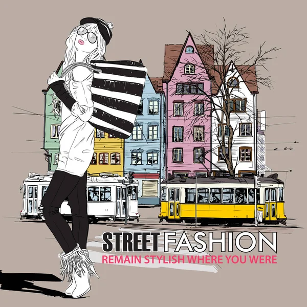 Vector illustration of a pretty fashion girl and old tram. — Stock Vector