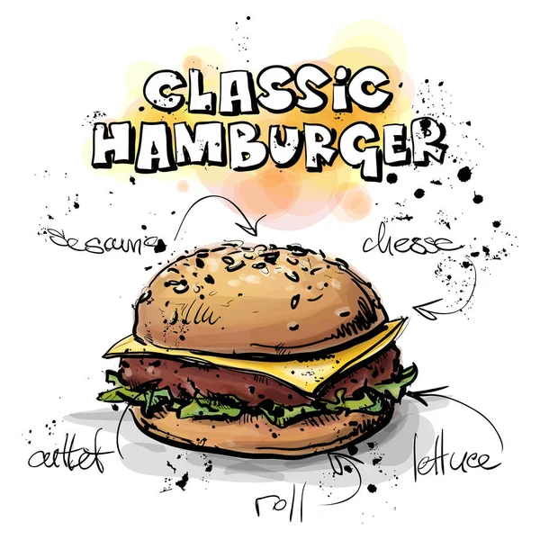 Fresca hamburguesa sabrosa. Bosquejo + estilo acuarela. Vector ilustra — Archivo Imágenes Vectoriales