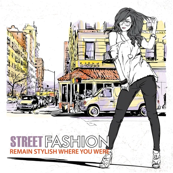 通りの背景にかわいいファッションの女の子。手描きベクトルイル — ストックベクタ
