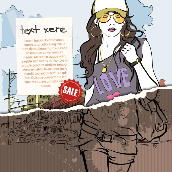 Niedliche junge Mode-Mädchen auf einer Straße background.vector illustrati — Stockvektor