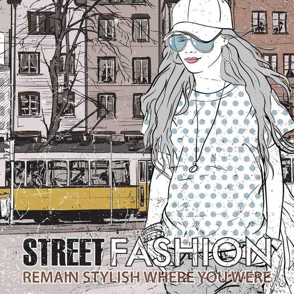 Vector illustration of a pretty fashion girl and old tram. — Stock Vector