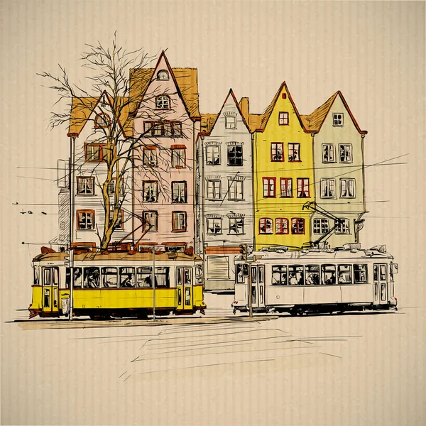 Vector illustratie met gebouwen en oude tram. — Stockvector