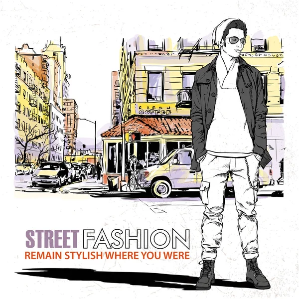 时尚的家伙与袋在街道背景。矢量插图 — 图库矢量图片