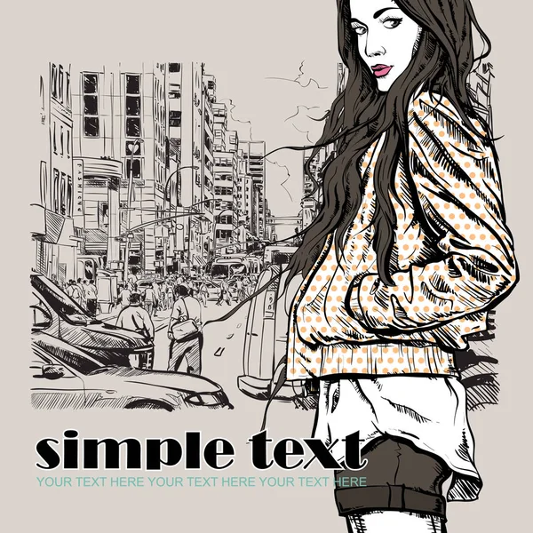 Cute young fashion girl on a street background. Hand drawn vecto — Stock Vector