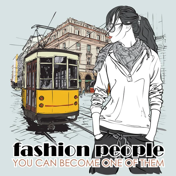 Illustration vectorielle EPS10 d'une jolie fille de la mode et d'un vieux tram . — Image vectorielle